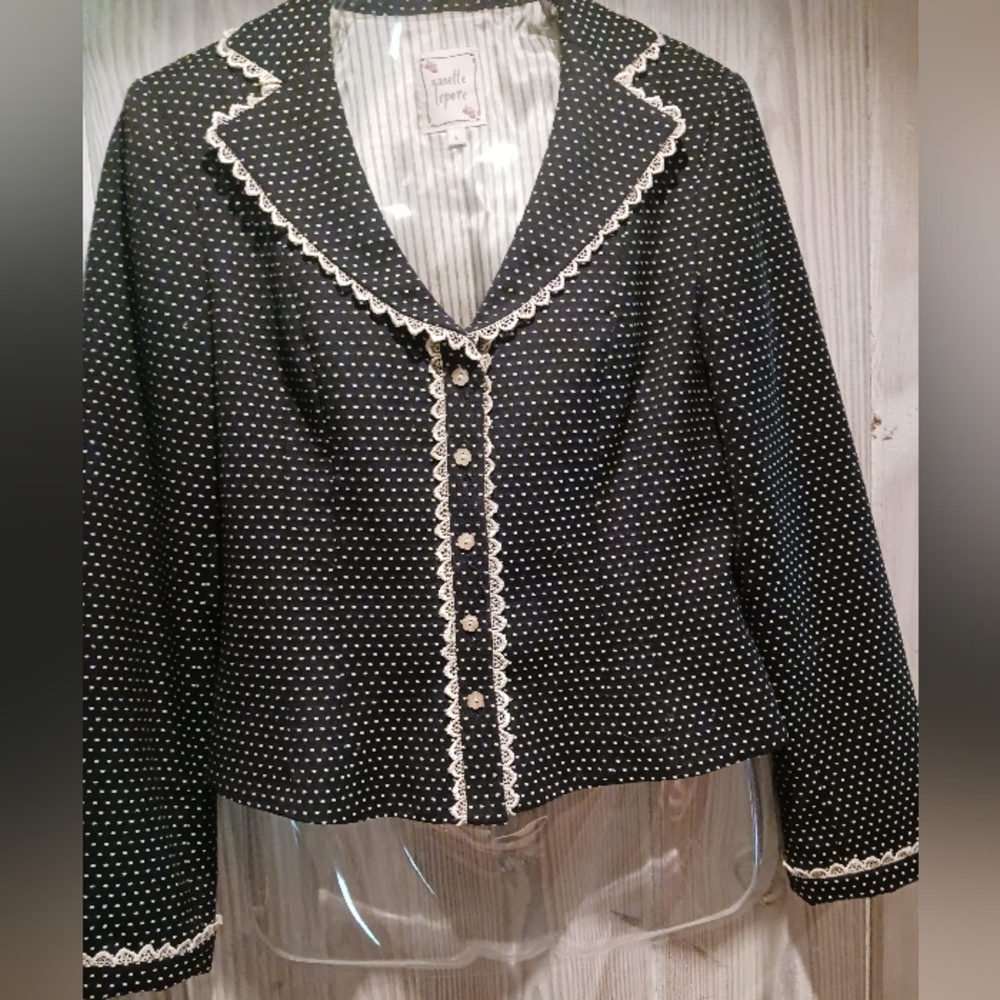 Nanette Lepore Vintage jacket/blazer size 6 black with dotted Swiss pattern